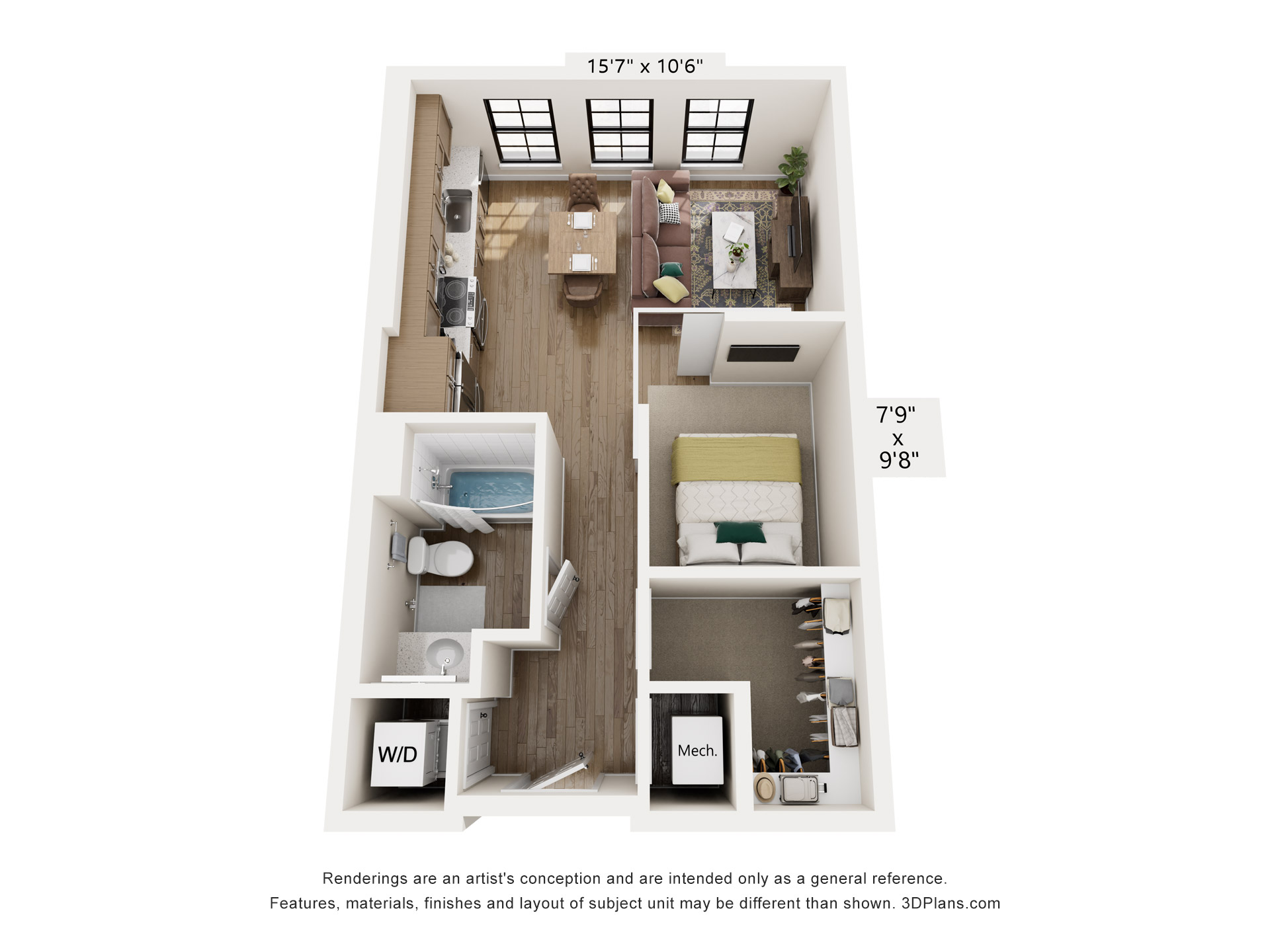 Floor plan for 1 bed, 1 bath, 567 sqft